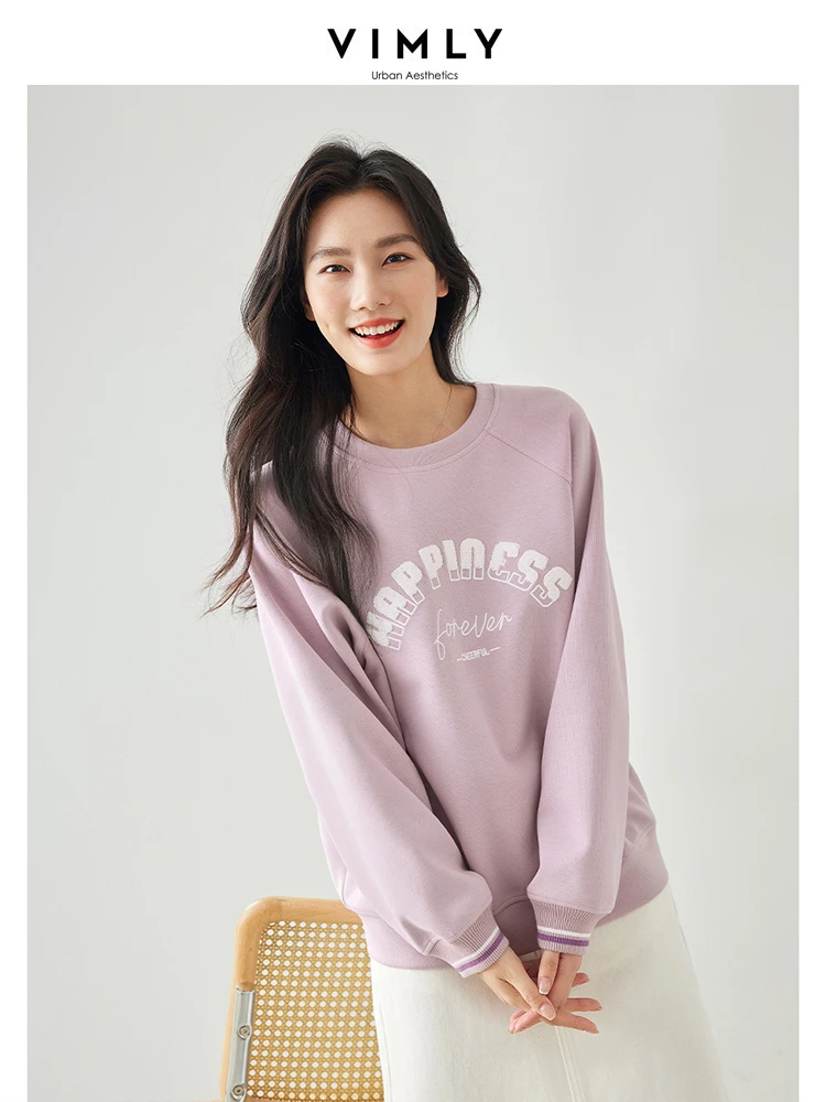 Vimly Apricot Letter Embroidery Sweatshirts 2024 Spring O-neck Long Sleeve Top for Woman Casual Loose Pullovers Female M5121