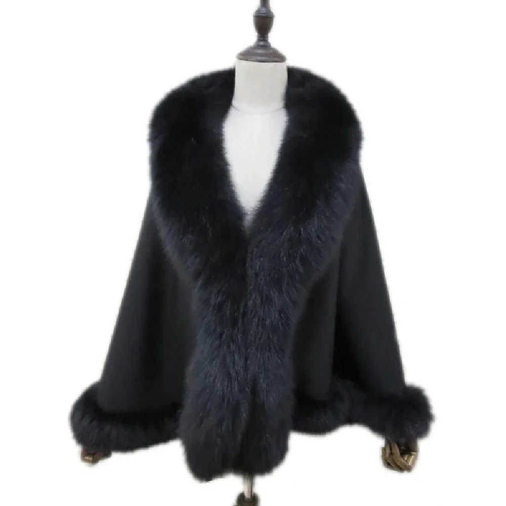 

Women's Real Cashmere Winter Cape Semicircle Poncho Real Fox Fur Collar Cloak Coat 7 Colors