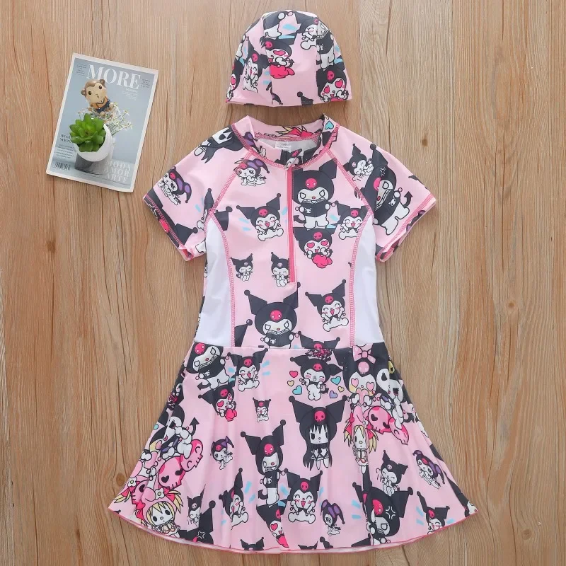 Kawaii Kuromi Kid One Piece Swimsuit Sanrio Girl 2024 Summer New Children Anime Swim Dress Short Sleeves Fashion Bathing Suits