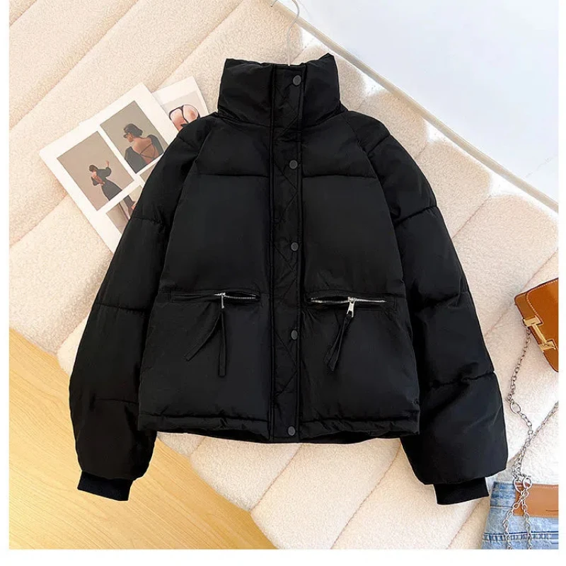 Parkas lisas de manga larga con cuello levantado para mujer, ropa holgada que combina con todo, Tops sencillos con cremallera, moda de otoño e invierno