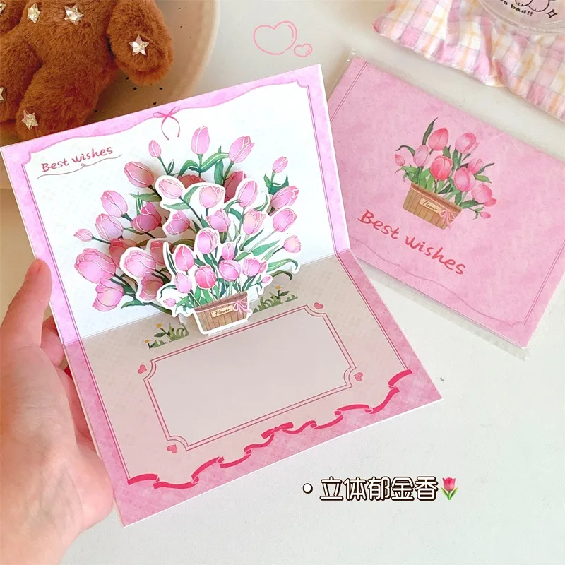 2pcs Cute Cartoon Animal Rabbit Rose Paper 3D Greeting Card and Envelope for Kids Adult Teacher Happy Birthday Gift Card