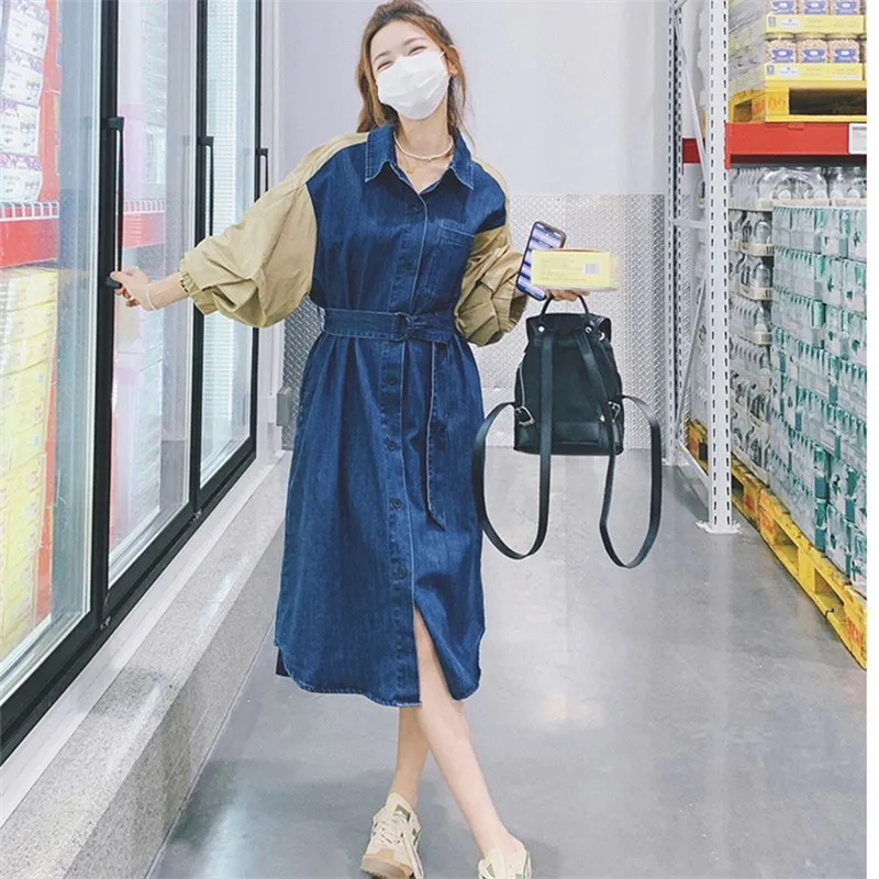 

Women Fashion Spliced Denim Trench Coat Dress 2023 Spring New Vintage Elegant Long Sleeve Single Breasted Belt Loose Jacket 2299