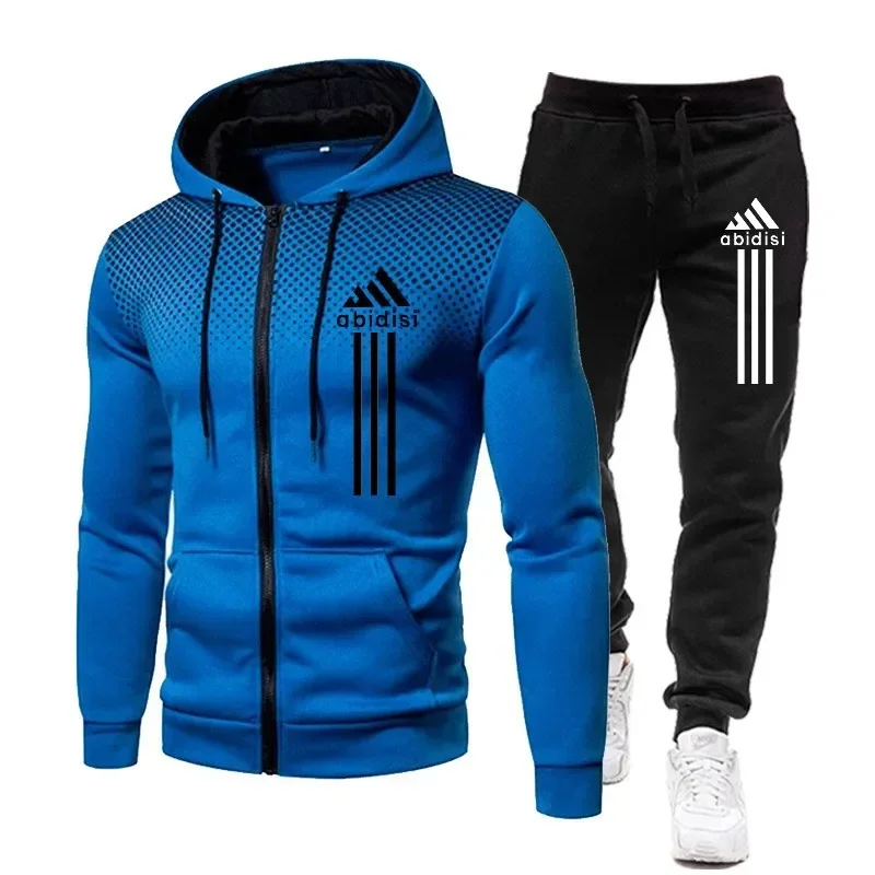 2024 men\'s autumn and winter new outdoor leisure fitness jogging sports suit zipper jacket hoodie + sports sweatpants two-piece