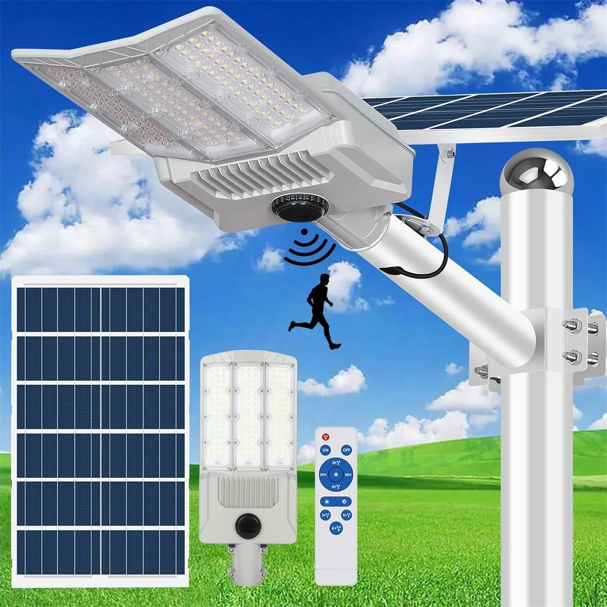 

2000W Remote Control Solar Street Light with Pir Motion Sensor IP67 Waterproof Solar Pole Lamp Commercial Parking Lot Lights