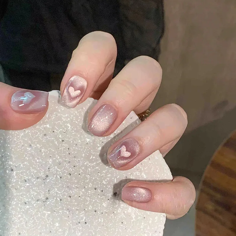 Bild 5: 24 Stück Französische Glitzer-Press-on-Nägel mit Schmetterling- und Herz-Motiven, Vollabdeckung, Strass-Stern-Design, Modische Nagelkunst, Katzenauge-Effekt, Eckige Nägel