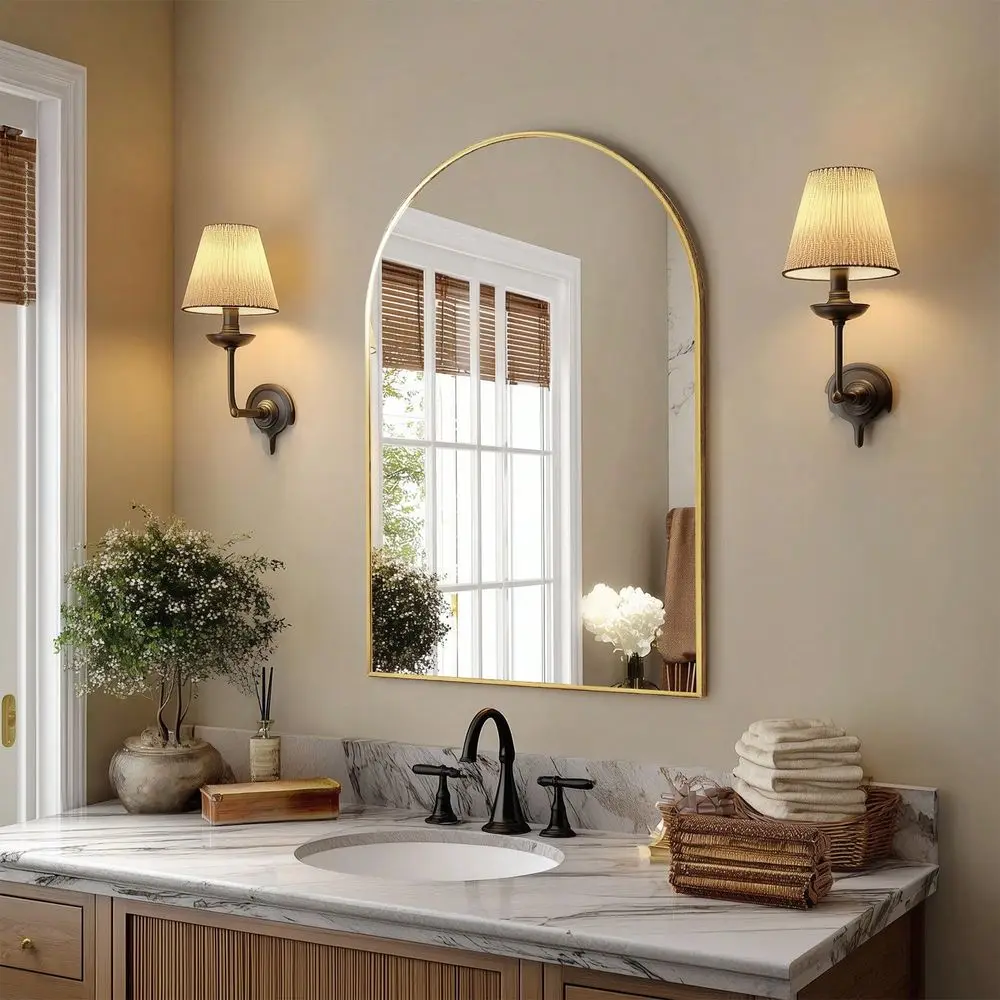 

20 X30 Arched Gold Bathroom Mirrors For Wall, Bathroom Mirrors For Over Sink, Metal Framed With HD ShatterProof Glass For Entry