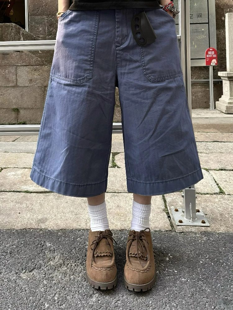 

American Retro Workwear Seven-Foot Pants Loose Straight-Cut Mid-Waist Design Men's Women's Blue Casual Trousers