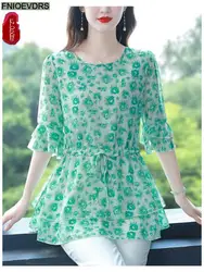 S-4XL Loose Clothes 2023 Women Summer Short Sleeve Elegant Ruffles Shirts Casual Chiffon Floral Tunic Peplum Tops And Blouses