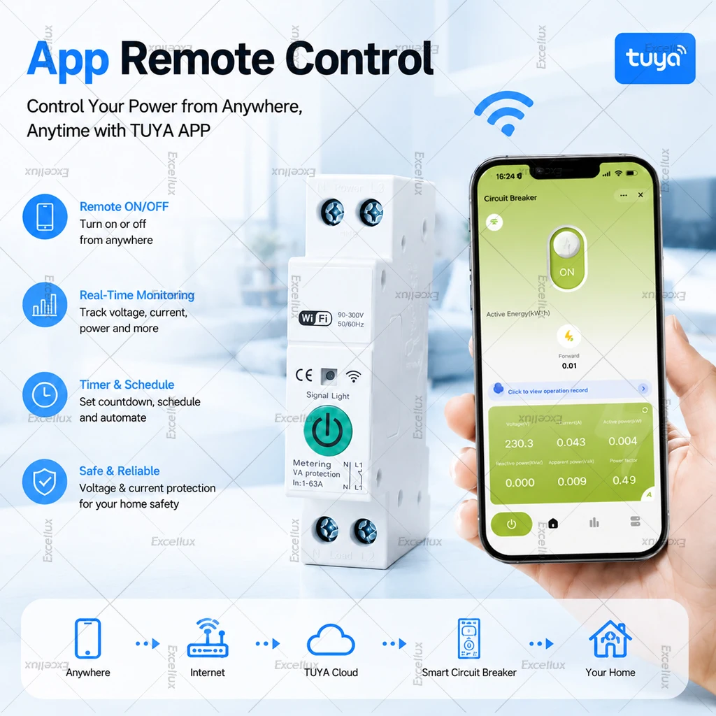 Tuya WiFi Zigbee Smart Circuit Breaker With Metering 63A Timer Relay Over Current Under Voltage Protector Smart Life Alexa Voice