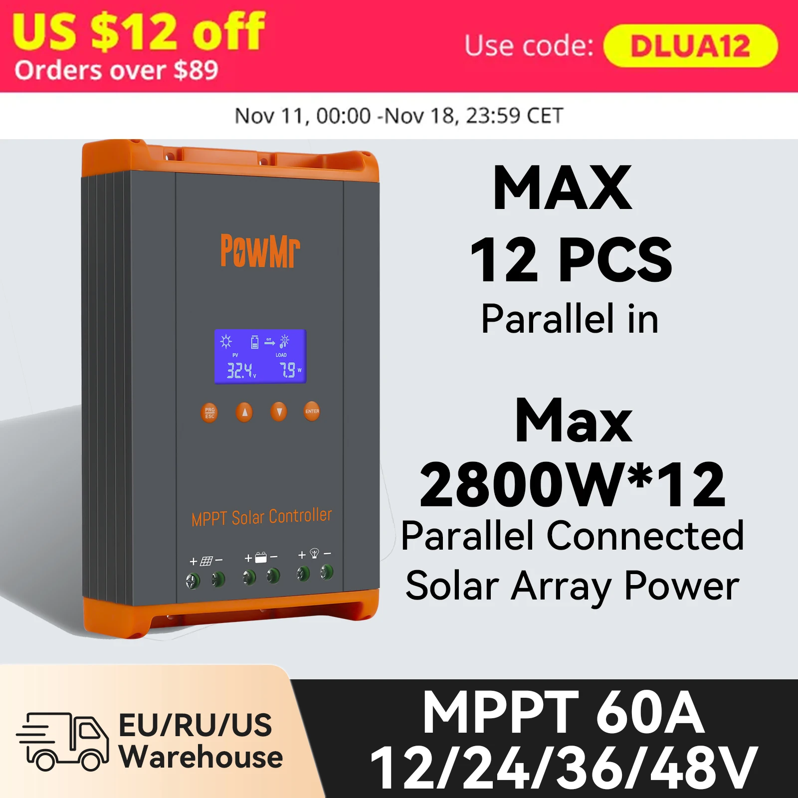 PowMr MPPT 60A Solar Charge Controller Parallel Connected Solar Array Solar Controlle For 12V 24V 36V 48V Battery System