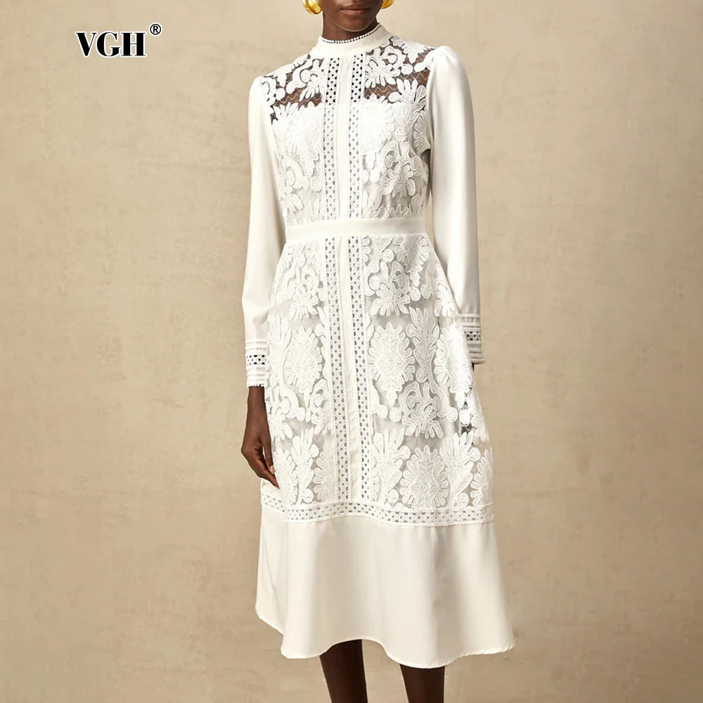 VGH Embroidery Midi Dresses For Women Stand Collar Long Sleeves Patchwork Single Breasted Hollow Out Elegant Style Dress Female