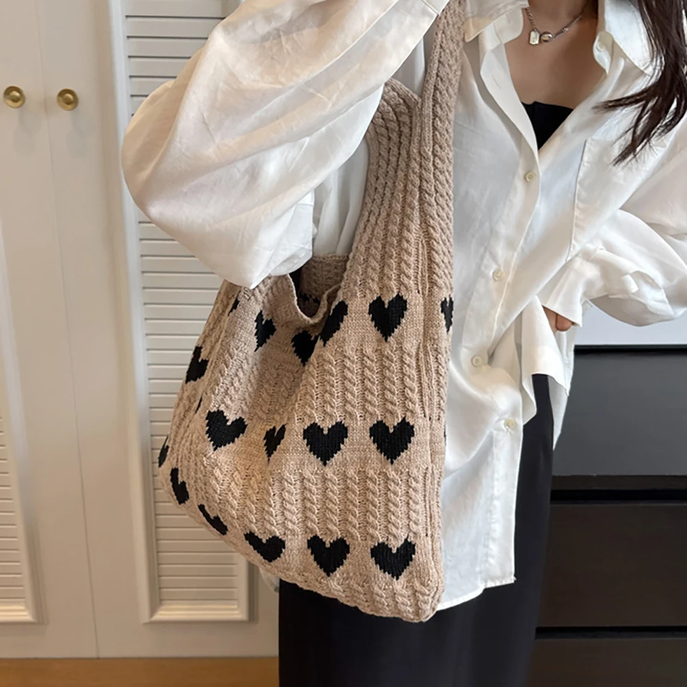 1 шт., вязаная крючком сумка с узором в виде сердца, сумка на плечо, большая вместительная модная пляжная сумка, универсальная дорожная сумка, большая сумка