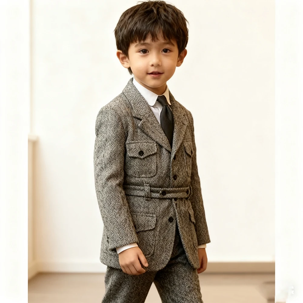 

Luxury Tweed Boy's Suits Elegant Single Breasted Notch Lapel 2 Piece Jacket Pants Customized Kids Outfits Formal Children Sets