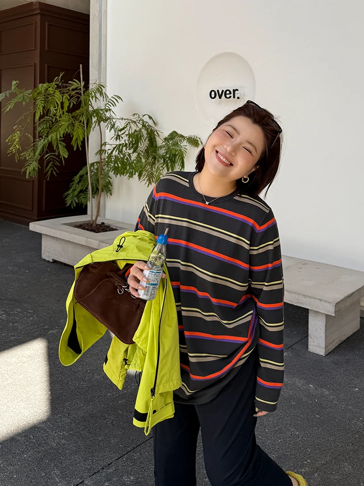 

Loose Casual Striped Knitwear for plus Size Women Spring Ideal Cotton Long Sve round Ne T-irt by Wooden Ideal