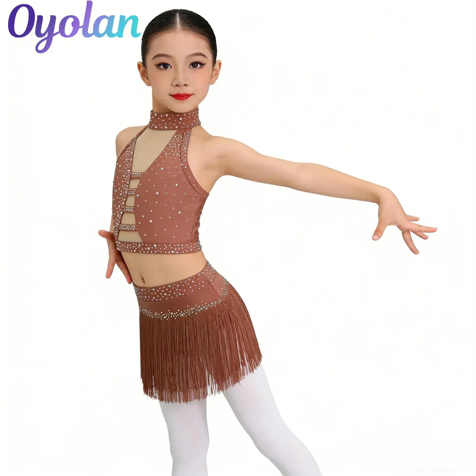 

Kids Girls Halter Rhinestones Latin Dance Costume Back Mesh Crop Top with Tassel Briefs Skirt Performance Outfits Dancewear
