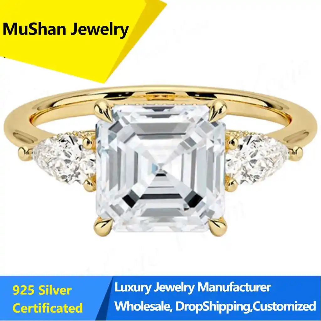 MuShan Jewelry S925 Sterling Silver Mosaic Stone Ring Light Luxury Premium 1 Carat Gold Wedding Ring Female French Ring