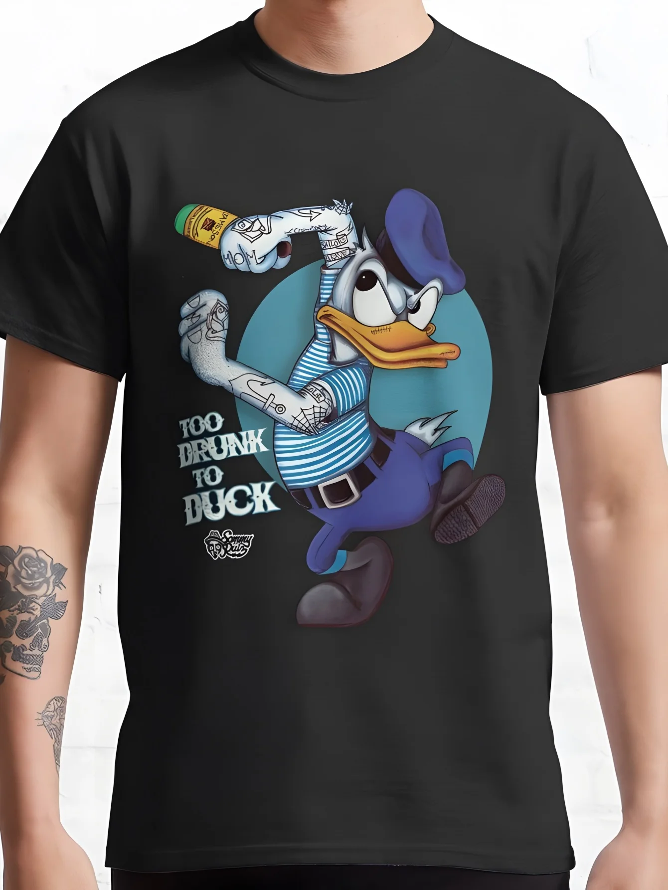 Disney Pato Donald es tan borracho que no puede dormir. Camisetas con estampado de dibujos animados para hombre y mujer, tops negros de manga corta.