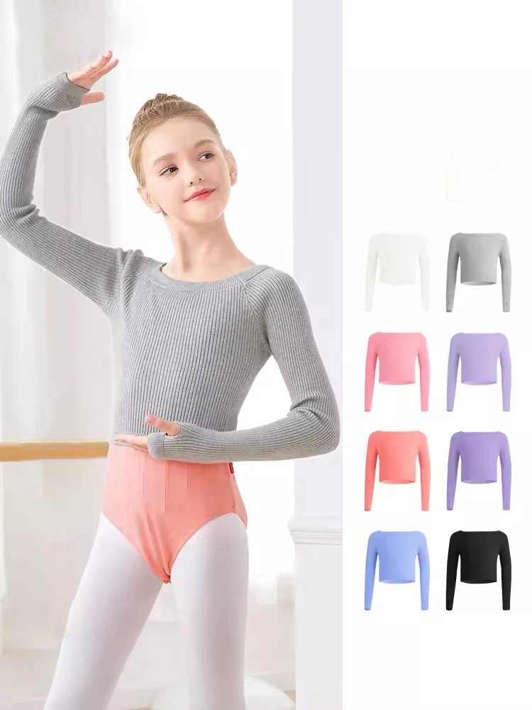 Cuulrite Fashion Girl Ballet Gymnastic Leotard off shoulder Long Sleeved Dance Sweater Top Coat Kids Dance Clothing Wrap Ballet