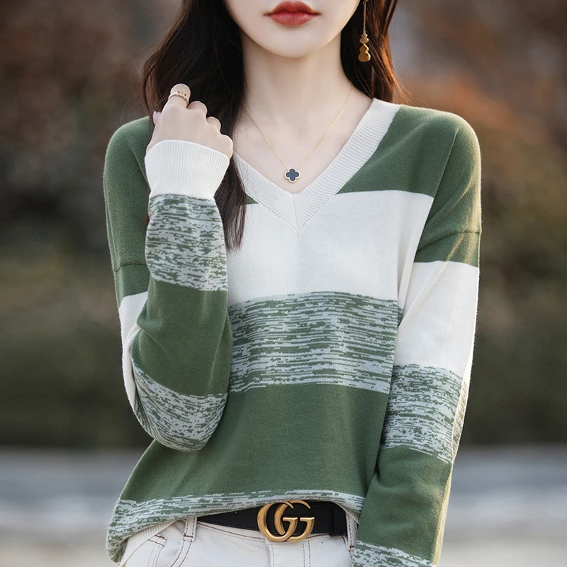 

Модный женский хлопковый свитер с длинными рукавами и v-образным вырезом, новый осенний свитер