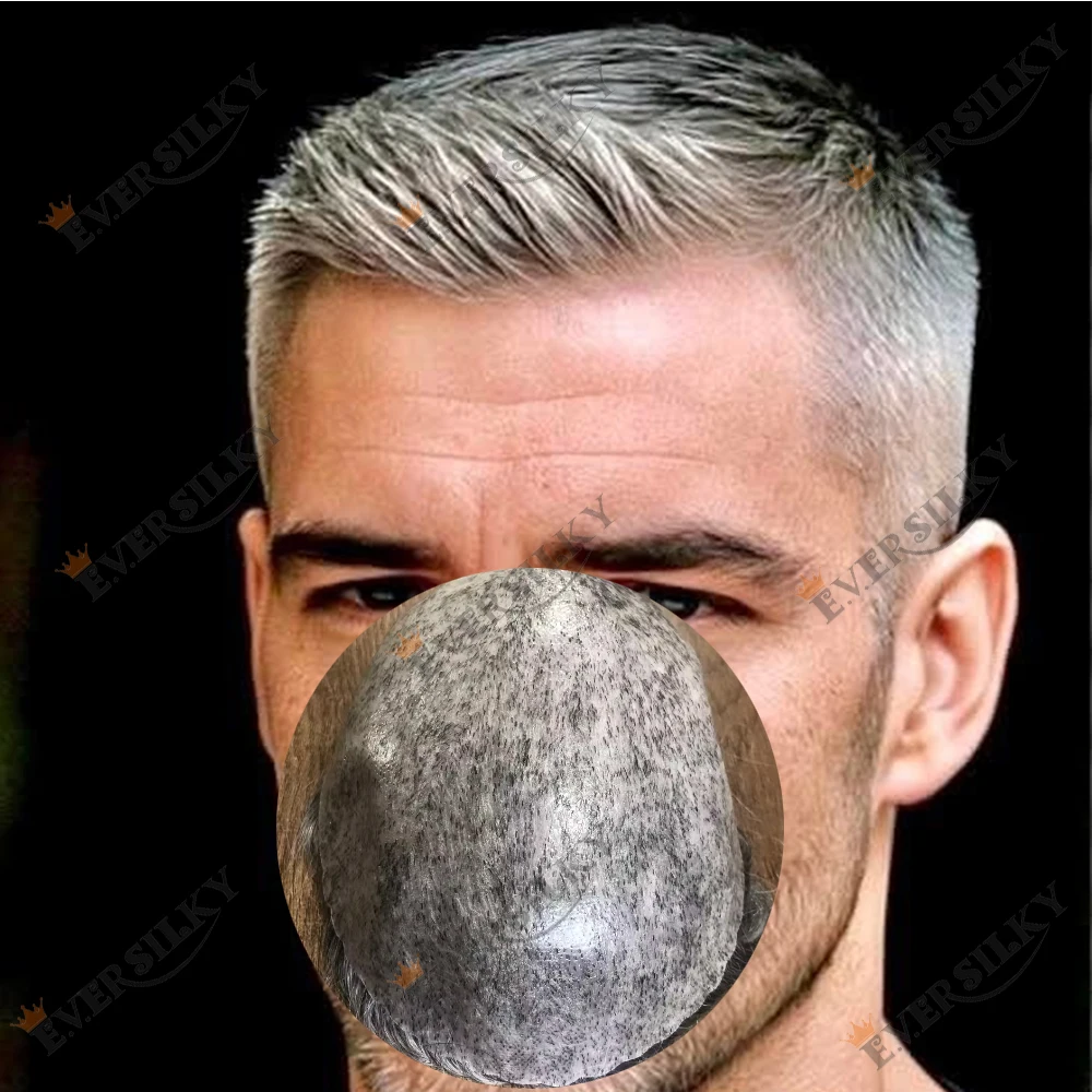

1B80 1B30 Gray Old Men Toupee 100% Human Hair Natural Hairline Durable Microskin PU Dark Brown Undetectable Capillary Prosthetic