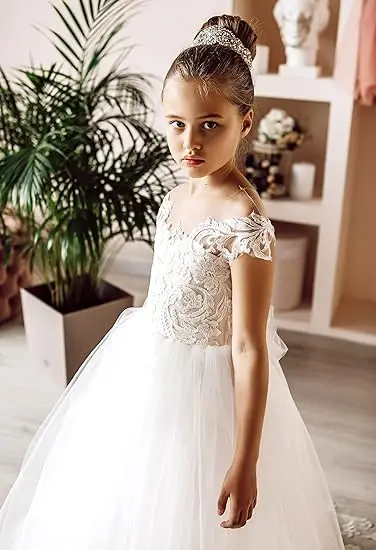 2024 Lace Flower Girl Dresses For Wedding Party 3-9 Years Bow Tie Back Princess Girls Dress For Kids Robe Princesse Enfant