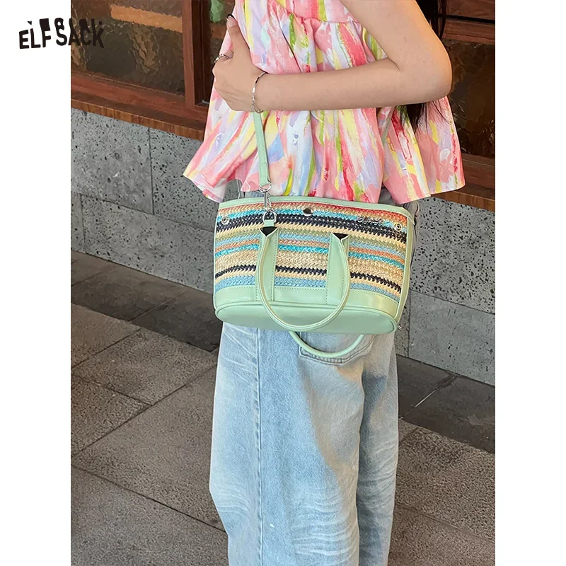 ELFSACK 2025 Summer   Clashing Stripe Woven Bag Design Sense Fashion Peplum Slanting Single Piece Bag For Women