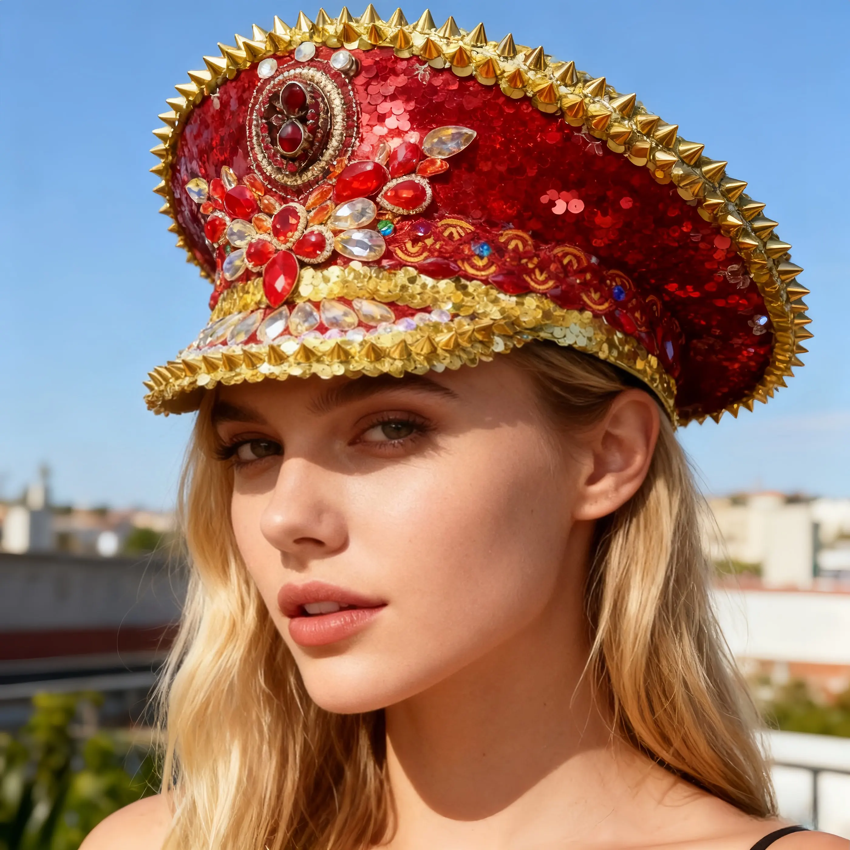 HongLuan Yellow Laser Leather Loop Captain Hat Rhinestone & Military Caps for Woman, Rave Festivals Accessories ＆ Party Cap Man