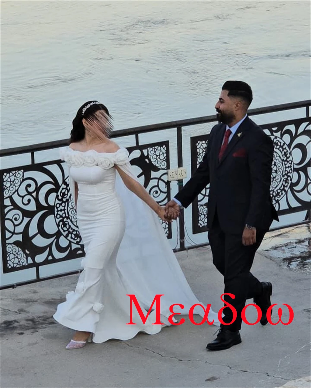

Customized Exquisite White Satin Wedding Dress Elegant Boat Neck Off the Shoulder Short Sleeves Chapel Train Bridal Gowns