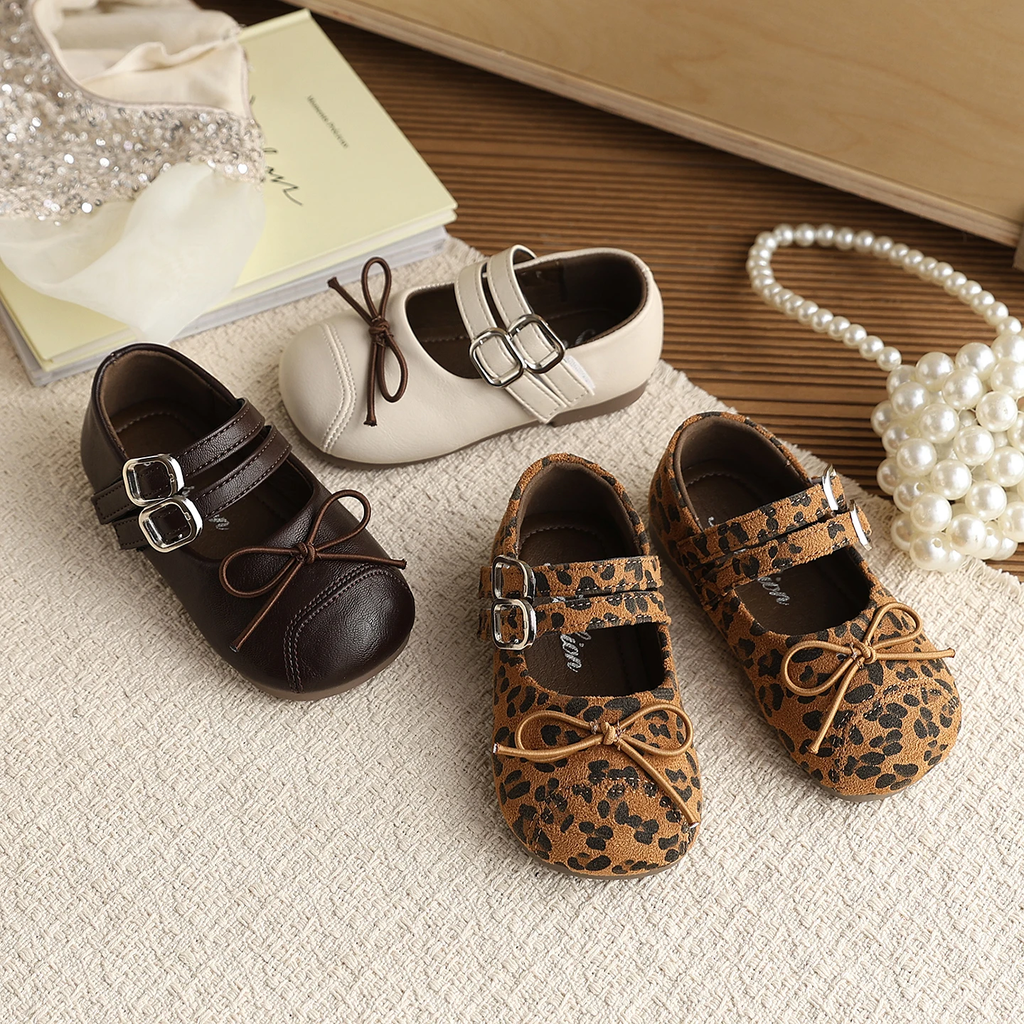 

Bow Leopard Girls Ballet Flats PU Leather Solid Shallow Kids Flats Shoes Hook Loop Soft Non Slip Children Princess Shoes