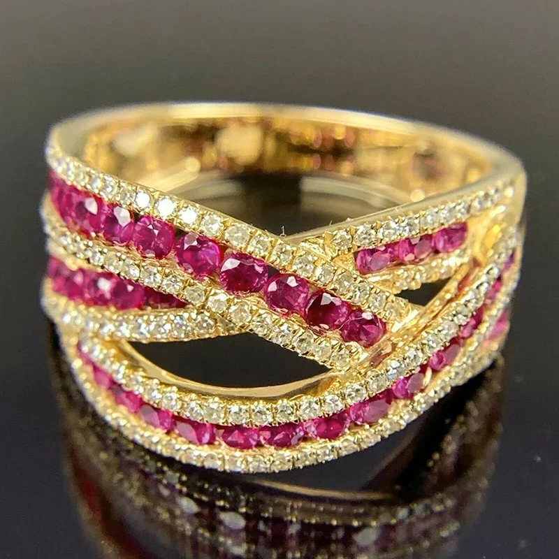 Huitan Wunderschöne Fingerringe im Kreuzdesign mit leuchtend rosarotem CZ, Musikfestival, Damenaccessoires, moderner modischer Schmuck