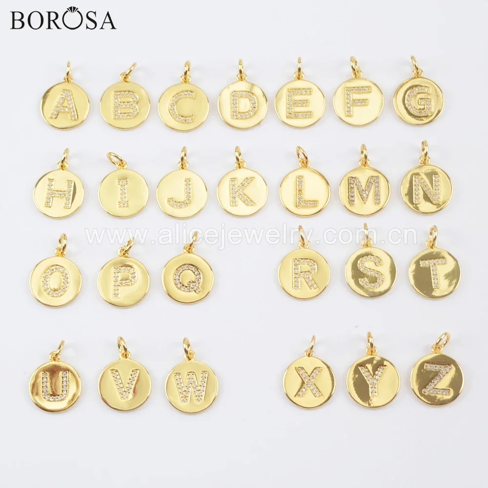 BOROSA 5/10PCS 15mm Round Golden Color Brass CZ Micro Pave Letter Pendant Metal Beads for Necklace/Bracelet Jewelry Making