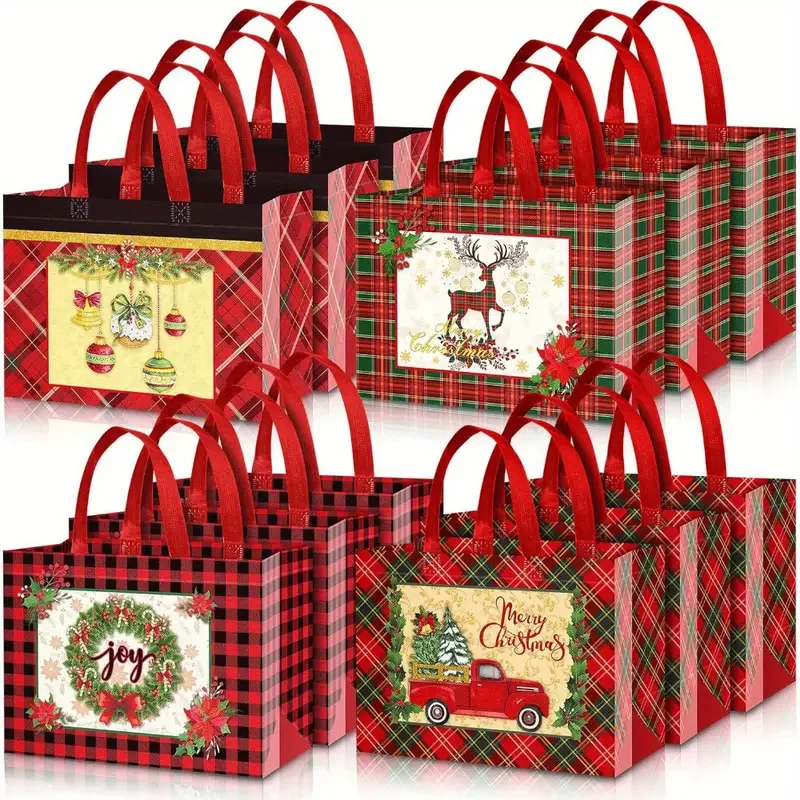 

12pc Christmas Paper Handbags Xmas Holiday Gift Bags Cristmas Navidad Decoration New Year Candy Cookie Packing Bag HolidayDecor