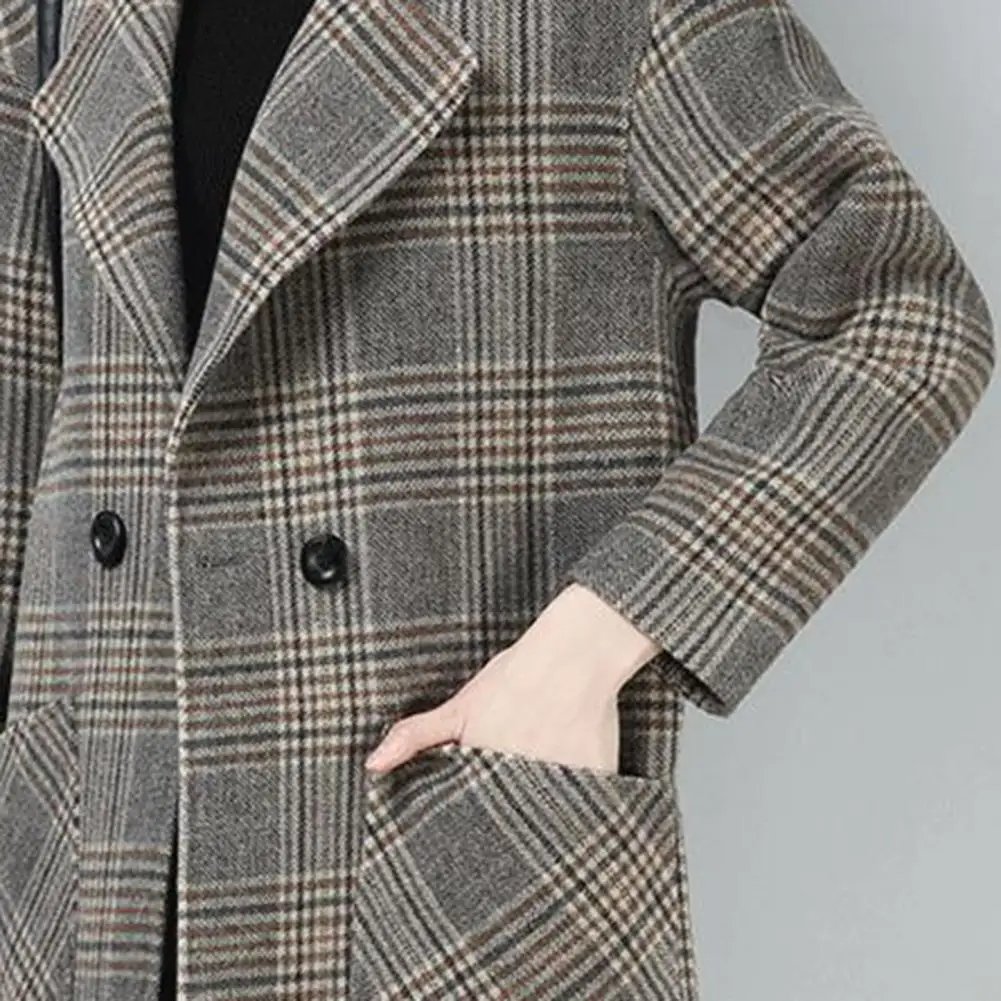 Lapel Collar Jacket Plaid Print Windproof Overcoat Stylish Mid Length Jacket for Women in Ol Commute Style Women Plaid Coat