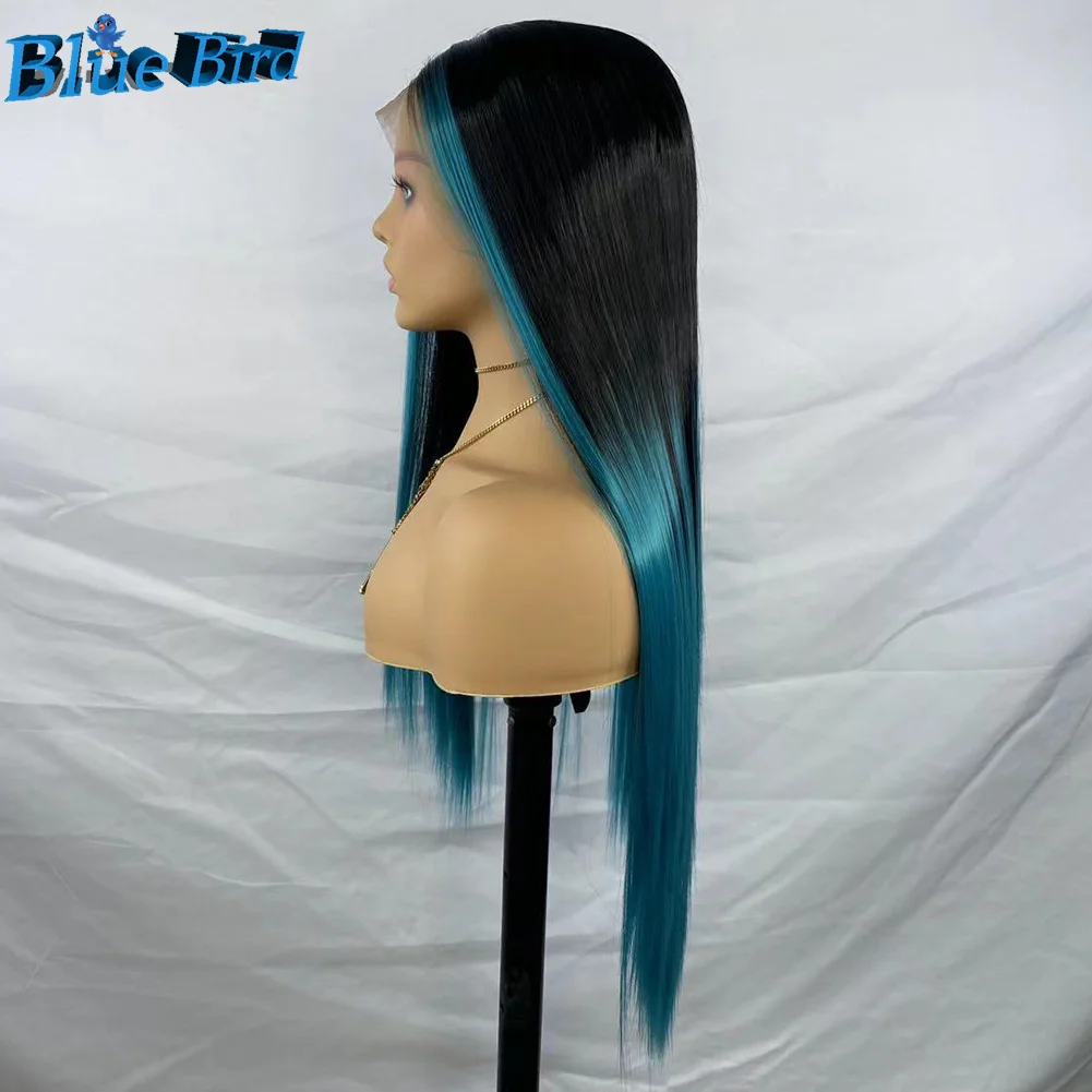 BlueBird-Peluca de cabello sintético para mujer, pelo largo 1b/azul Balayage 13x4, sin pegamento, con frente de encaje, liso y sedoso, resistente al calor