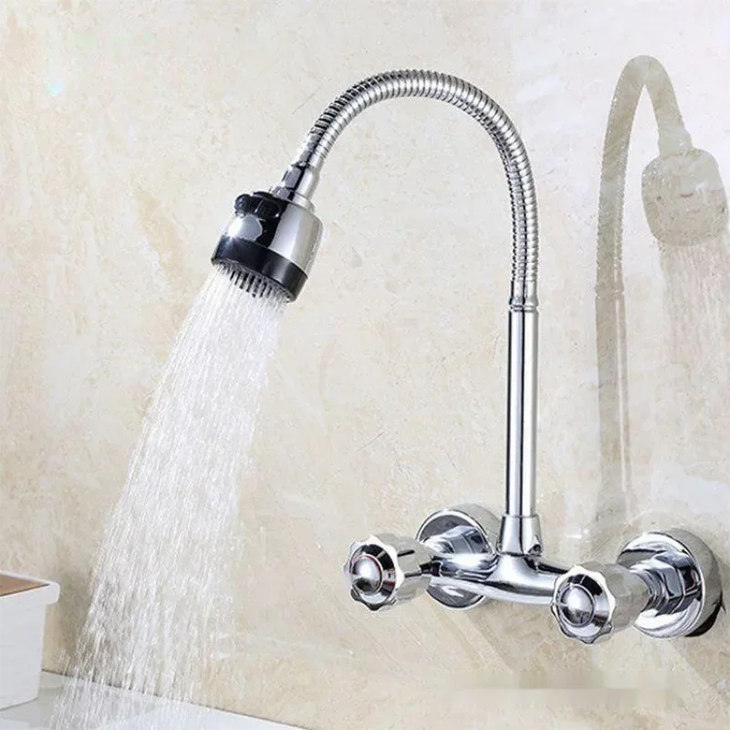 Brass Kitchen Sink Faucet Wall-Mounted Cold and Hot Water Mixer Faucets 360° Rotatable Dual Handle Kitchen Splashproof Faucet