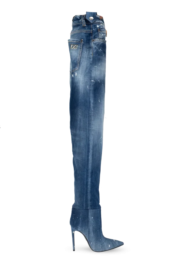 2026 Denim Pants Boots Pointy Toe Pleated Over The Knee Boots for Women Winter Casual Rivet Pocket Decor Patchwork Jeans Shoes