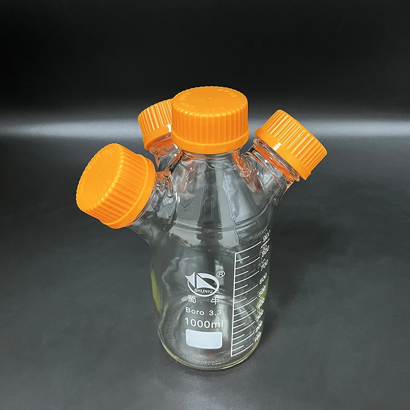 

Reagent bottle,With 4 yellow screw covers,1000mL GL45mm,Borosilicate glass 3.3,Graduation Sample Vials Plastic Lid with 4 necks