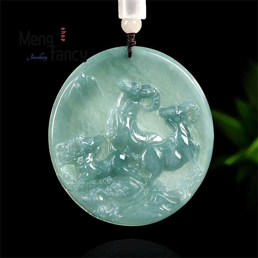 

Natural A-grade Jadeite Blue Water Three Sheep Kai Tai Zodiac Pendant Ice Type Jade National Style Fine Fashion Jewelry Mascots