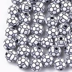 100pcs Craft Style Acrylic Beads Sports Beads FootBall/Soccer Ball White 10x9.5mm Hole: 2mm