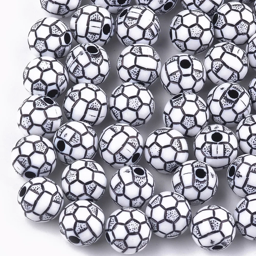 100pcs Craft Style Acrylic Beads Sports Beads FootBall/Soccer Ball White 10x9.5mm Hole: 2mm
