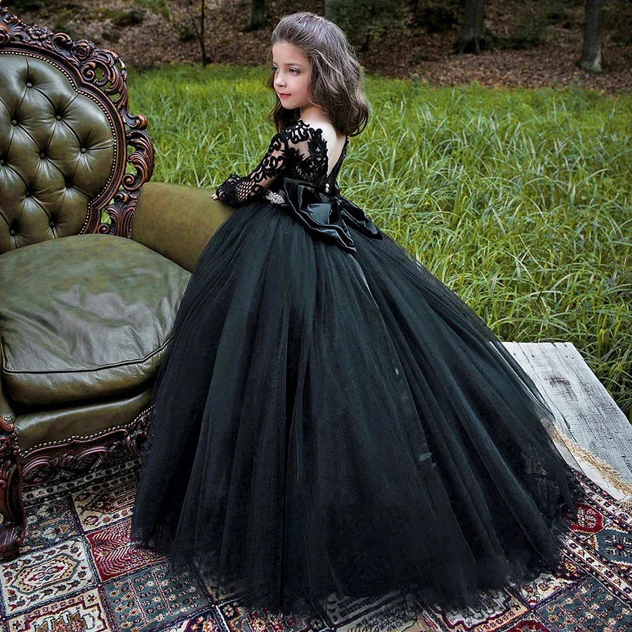 Black Flower Girl Dress Tulle Bow For Wedding Birthday Party Long Sleeve Lace Puffy Ball Gown Elegant First Communion Dress