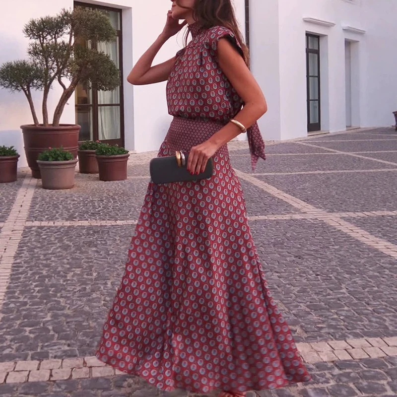 Elegant Temperament Vacation Outfit Casual Ribbon Sleeveless Top & Long Skirt Two Piece Set Retro Floral Print Satin Women Suit