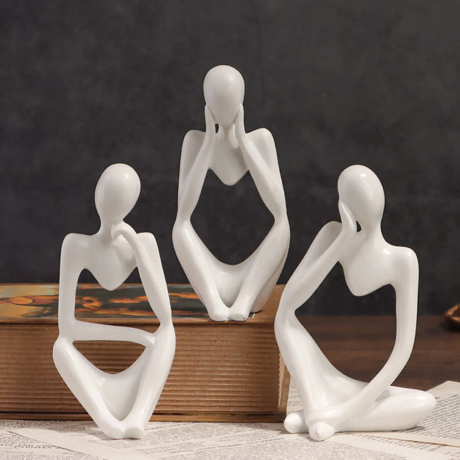 3Pcs Thinker Statue Abstract Sculpture White Resin Thinkers Sculpture Ornaments For Home Desk Office Desktop Decoration