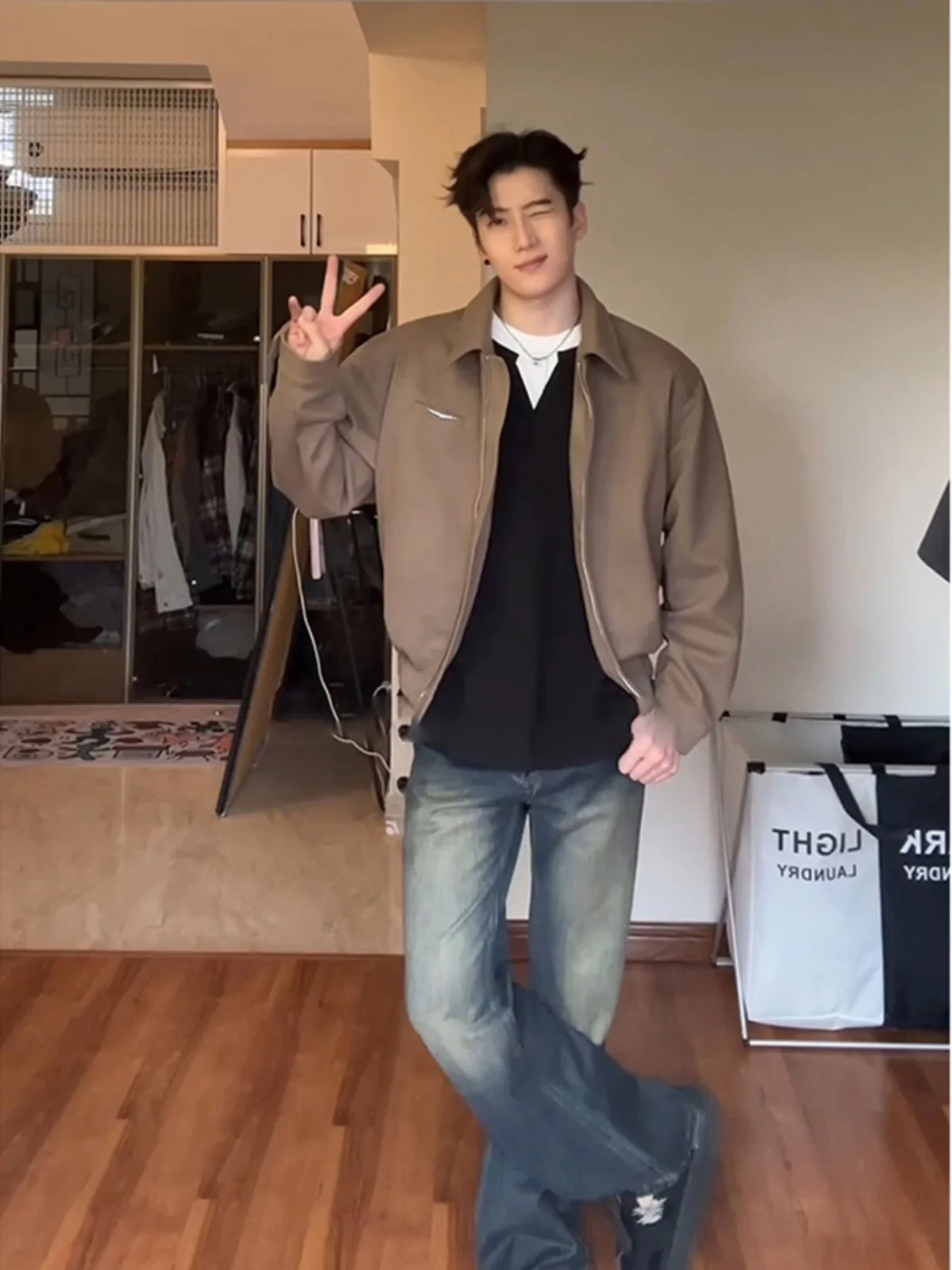 

Cleanfit American High Street Sle Men's ort Flight Jaet Baseball Collar Spring Autumn Faion Loose Fit Anti-Wrinkle