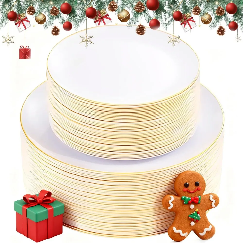

100PCS White Disposable Plates with Gold Rim for Christmas Party Wedding - 50 Dinner and 50 Dessert Salad Plates