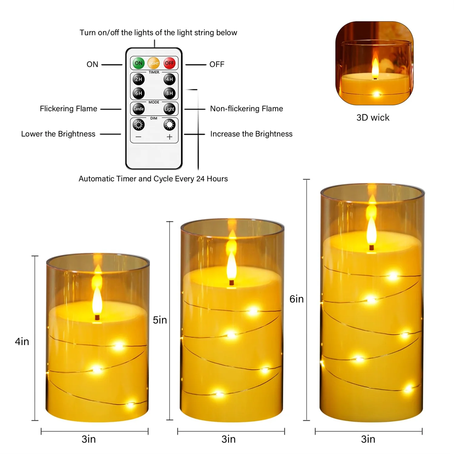 3PCS Creative Electronic Candle Light Flameless Candle Lamp with Remote Control for Christmas Wedding Party Birthday Decoration