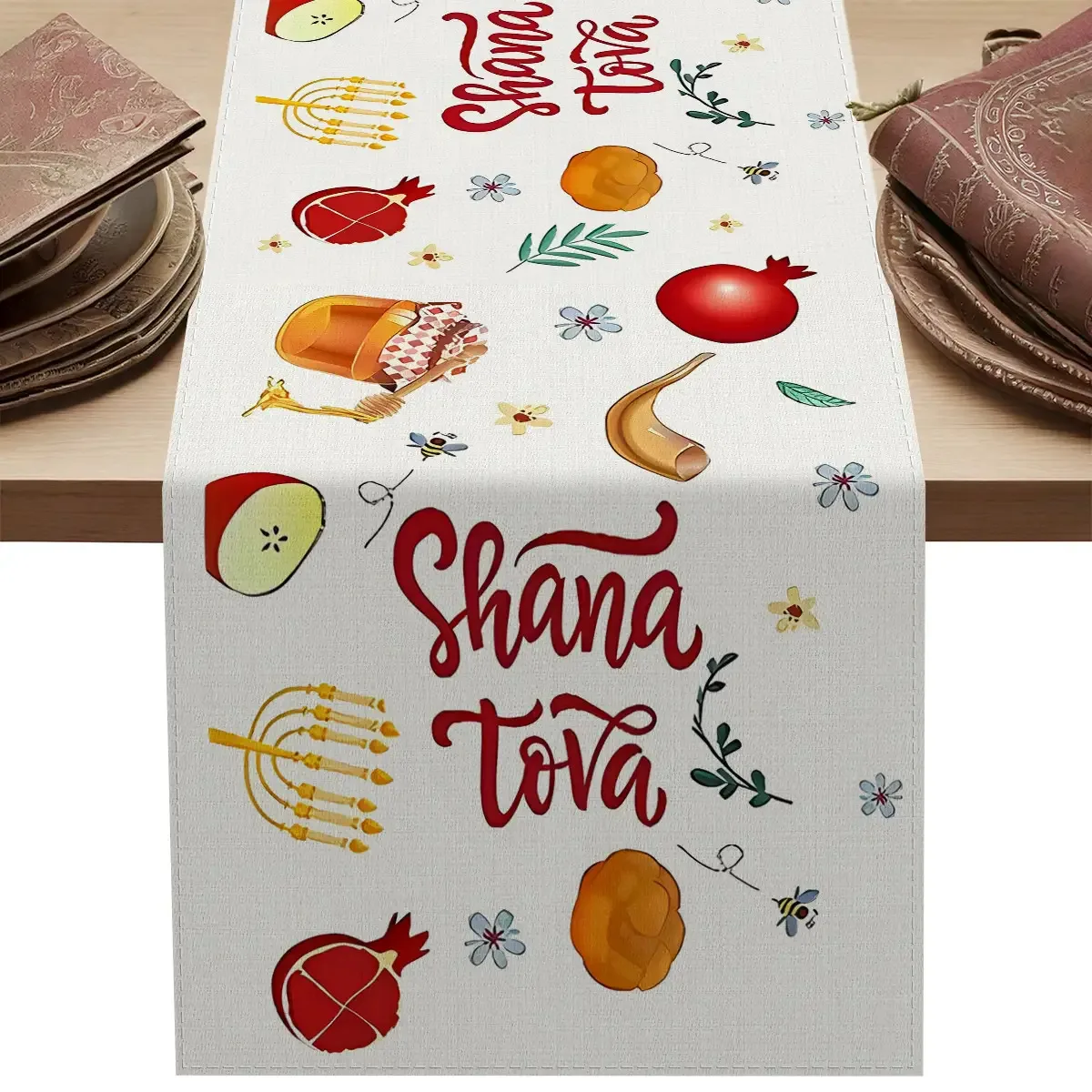Rosh Hashanah Honey Horn Linen Table Runner Jewish Holiday Decor Washable Kitchen Dining Table Runner Rosh Hashanah Decorations