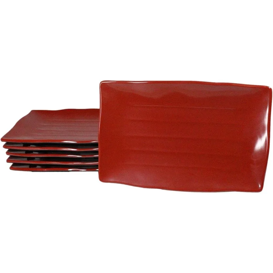 

Large Red And Black Melamine Irregular Design Serving Plate or Dish With Ridges 11.25" Long Restaurant For Dinner Platter (6pcs)