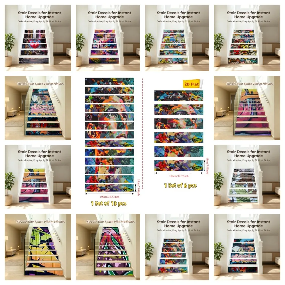 Graffiti Pop Art Stair Riser Decals 2D Flat Self Adhesive Colorful Street Art Stair Tread Stickers Waterproof Home Renovation