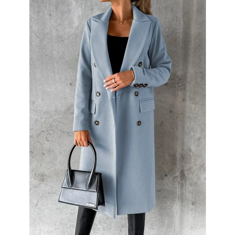 Autumn Winter Women Loose Trench Jacket Top Elegant Fashion Long Sleeve Lapel Collar Pocket Double Breasted Long Coat Overcoat